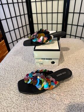 Steve Madden Black Slide Mules with Multicolor Sequin Discs